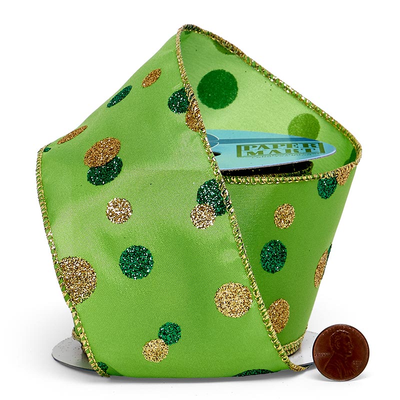 Glitter Dots On Lime Wired Ribbon 2 1/2 '' X 10 yd - 1 / ROLL