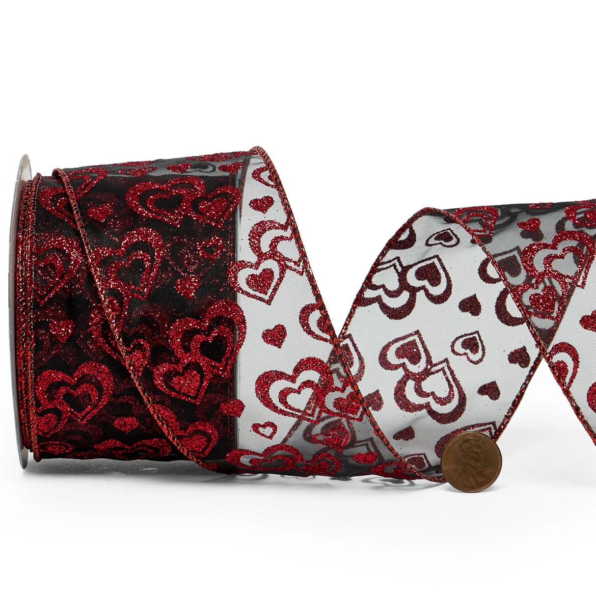 Glitter Heart Sheer Ribbon - Black / Red Hearts Galore 2 1/2 '' X 10 yd - Black / Red Hearts Galore Color 1 / ROLL