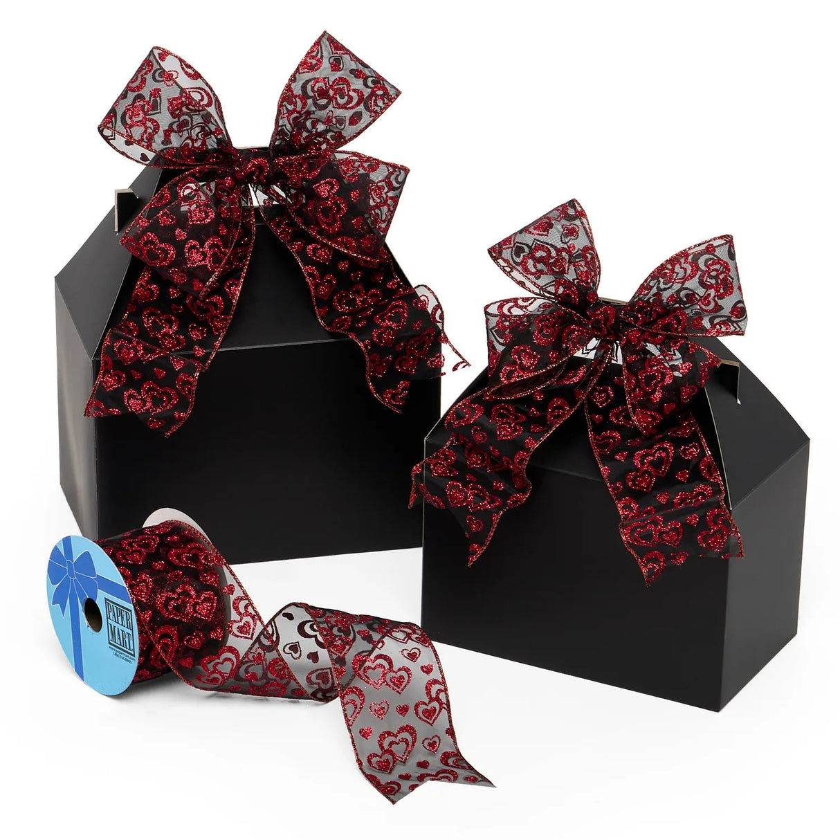 Glitter Heart Sheer Ribbon - Black / Red Hearts Galore 2 1/2 '' X 10 yd - Black / Red Hearts Galore Color 1 / ROLL