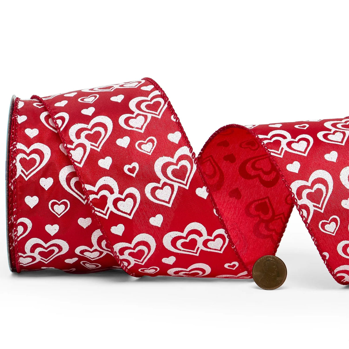 Lots Of Love Glitter Ribbon Red / White Hearts Galore Satin  2 1/2 '' 10 yd	- 1 / ROLL