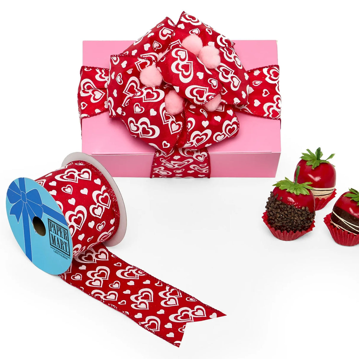 Lots Of Love Glitter Ribbon Red / White Hearts Galore Satin  2 1/2 '' 10 yd	- 1 / ROLL