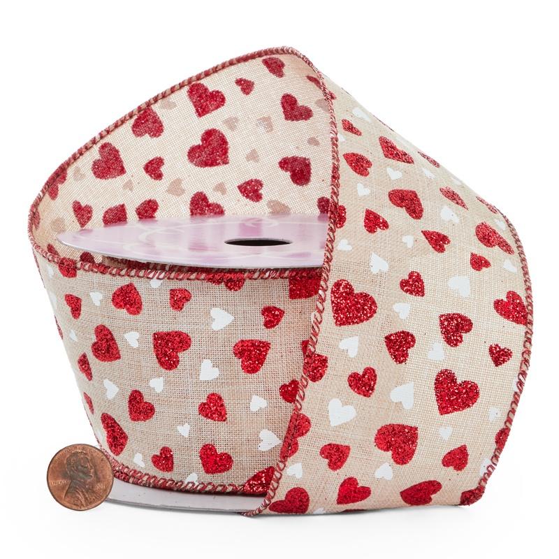 Multi Red Hot Hearts Linen Ribbon 2 1/2 '' X 10 yd - 1 / ROLL