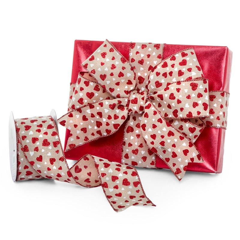 Multi Red Hot Hearts Linen Ribbon 2 1/2 '' X 10 yd - 1 / ROLL