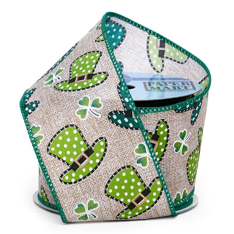 St. Patrick's Day Hat & Shamrocks Wired Ribbon Sparkling Dots Color 1 / ROLL
