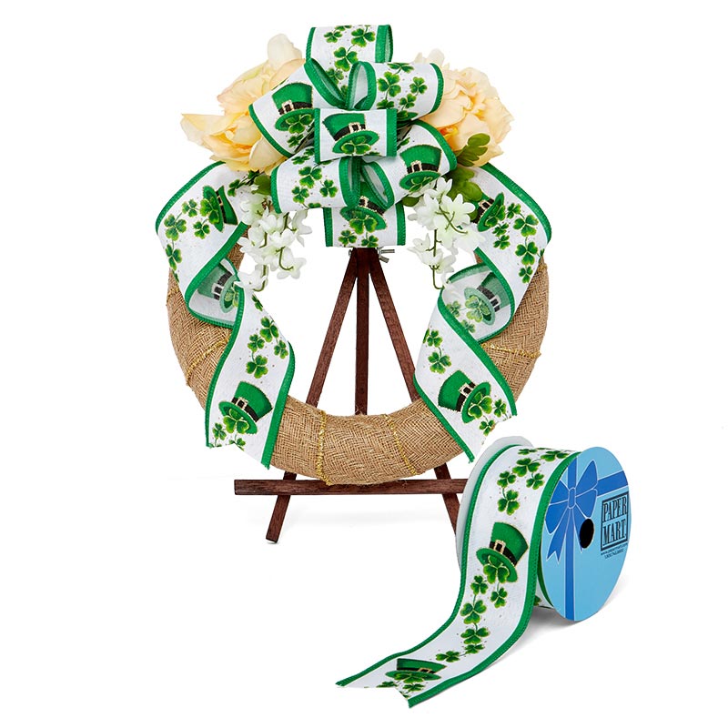 St. Patrick's Day Hat & Shamrocks Wired Ribbon Sparkling Dots Color 1 / ROLL