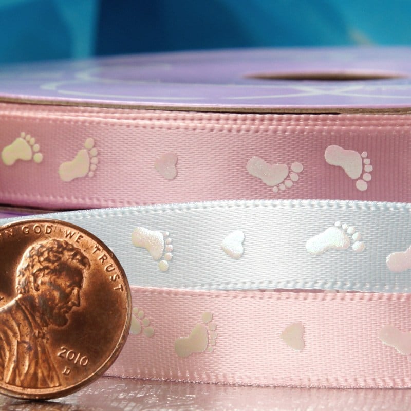 Baby Foot Print Satin Ribbon 3/8 '' X 25 yd Blue Color 1 / ROLL
