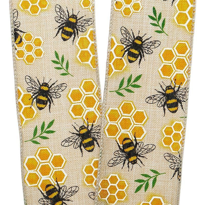 Honey Bees Faux Linen Wired Ribbon 2 1/2 '' X 10 yd - 1 / ROLL