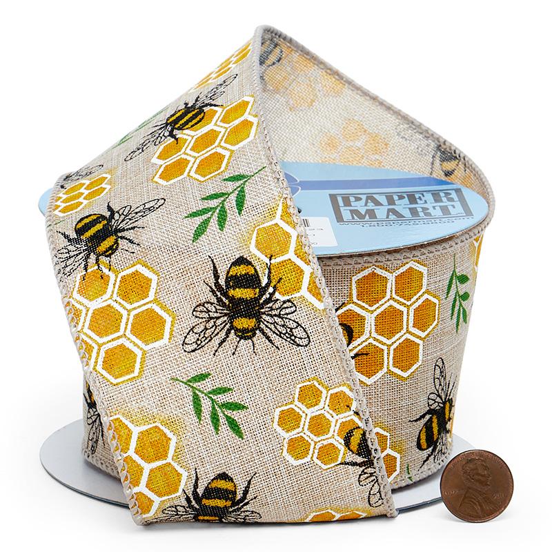 Honey Bees Faux Linen Wired Ribbon 2 1/2 '' X 10 yd - 1 / ROLL