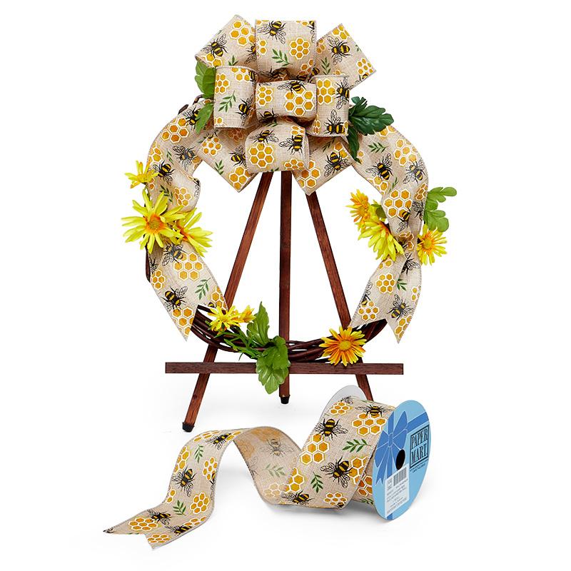 Honey Bees Faux Linen Wired Ribbon 2 1/2 '' X 10 yd - 1 / ROLL