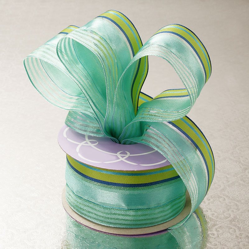 Satin Sheer Multi Colored Striped Wired Ribbon 1 1/2 '' X 10 yd Aqua / Lime Color 1 / ROLL