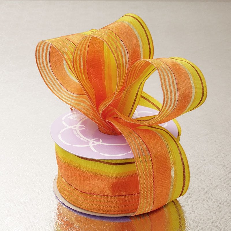 Satin Sheer Multi Colored Striped Wired Ribbon 1 1/2 '' X 10 yd Orange / Yellow Color 1 / ROLL