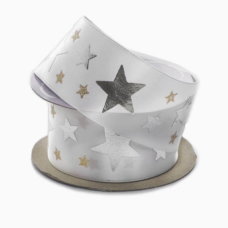 Silver Stars Satin Ribbon 1 1/2 '' X 10 yd - White Color 1 / ROLL