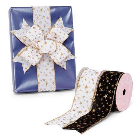 Stars On Faux Linen Wired Ribbon Gold / White Color 1 / ROLL