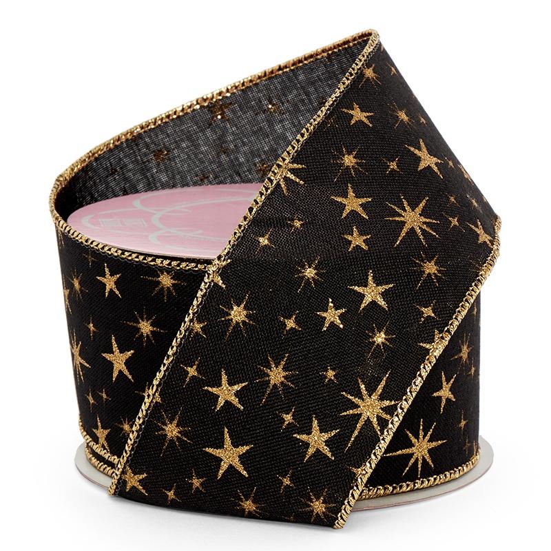 Stars On Faux Linen Wired Ribbon Gold / Black Color 1 / ROLL