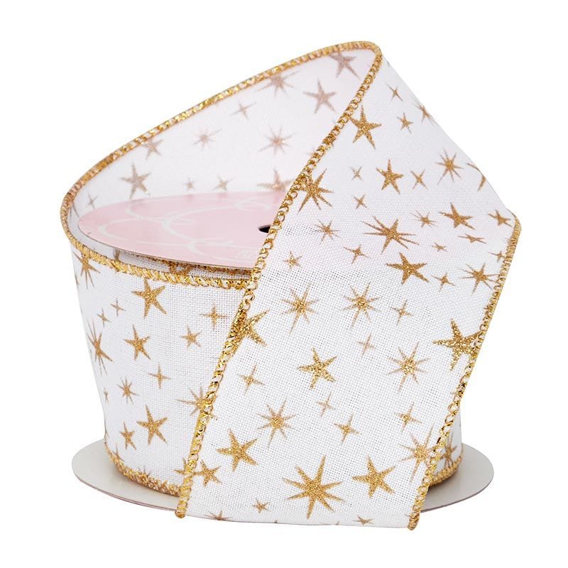 Stars On Faux Linen Wired Ribbon Gold / White Color 1 / ROLL