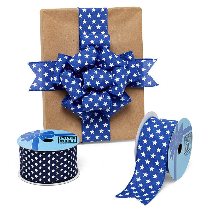 White Stars On Wired Ribbon Blue / White Color 1 / ROLL