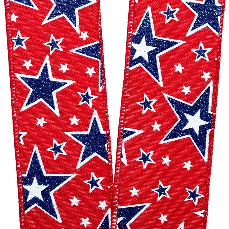 Glitter Blue Stars On Red Wired Ribbon 2 1/2 '' X 10 yd - 1 / ROLL