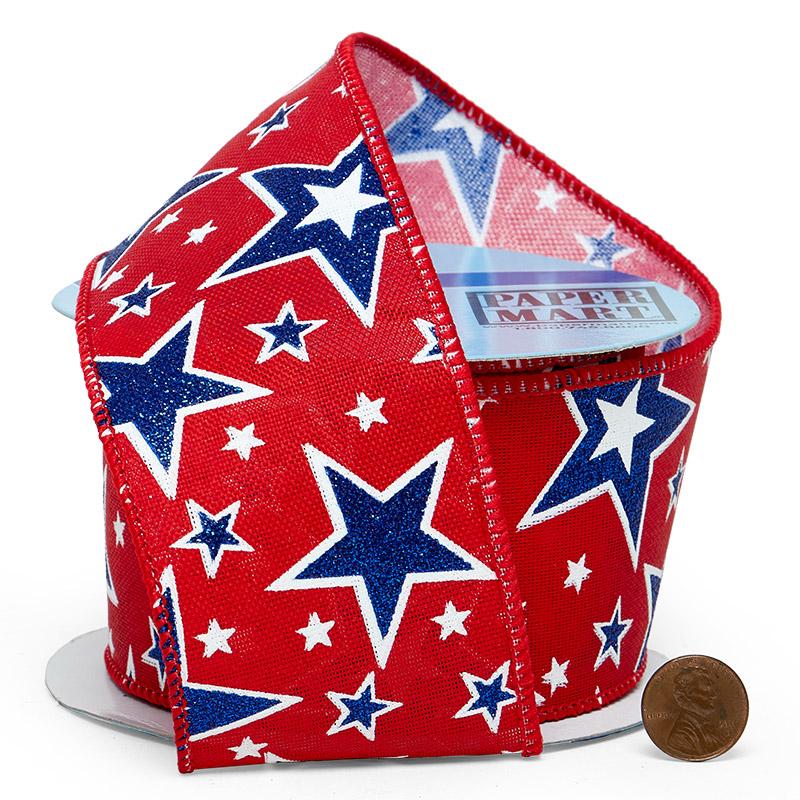 Glitter Blue Stars On Red Wired Ribbon 2 1/2 '' X 10 yd - 1 / ROLL