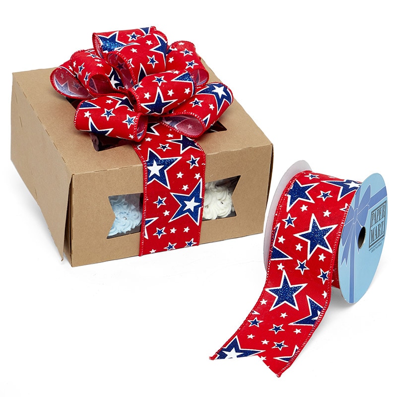 Glitter Blue Stars On Red Wired Ribbon 2 1/2 '' X 10 yd - 1 / ROLL