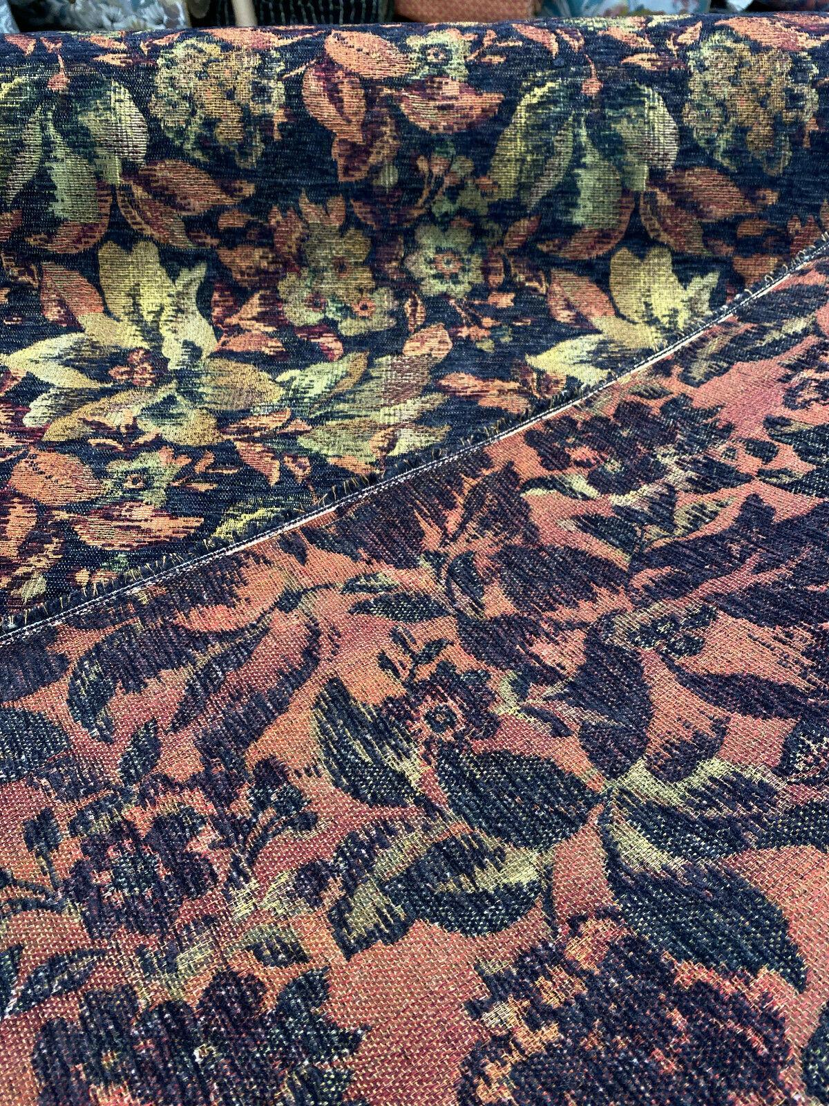 Midnight Floral Leaves Merrimac Barrow Chenille Fabric - Black Background With Red, Green, Gold Floral Design, 56" Width (1 Yard)