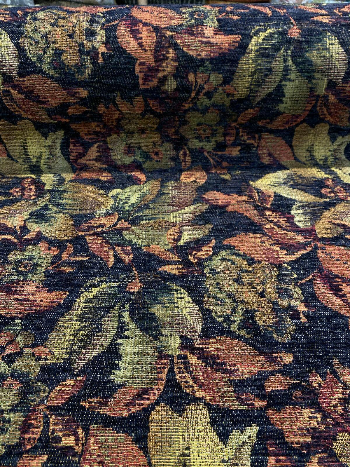 Midnight Floral Leaves Merrimac Barrow Chenille Fabric - Black Background With Red, Green, Gold Floral Design, 56" Width (1 Yard)