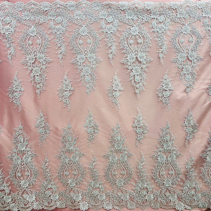 1 Yard Premium Corded Bridal Lace Fabric Embroidered on 100% Polyester Net Mesh White