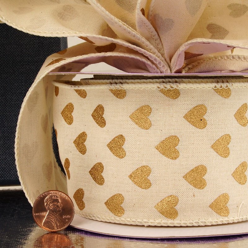 Natural Gold Heart Cotton Wired Ribbon 2 1/2 '' X 10 yd - 1 / ROLL