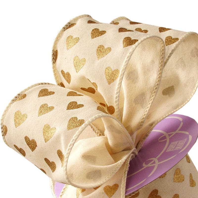 Natural Gold Heart Cotton Wired Ribbon 2 1/2 '' X 10 yd - 1 / ROLL
