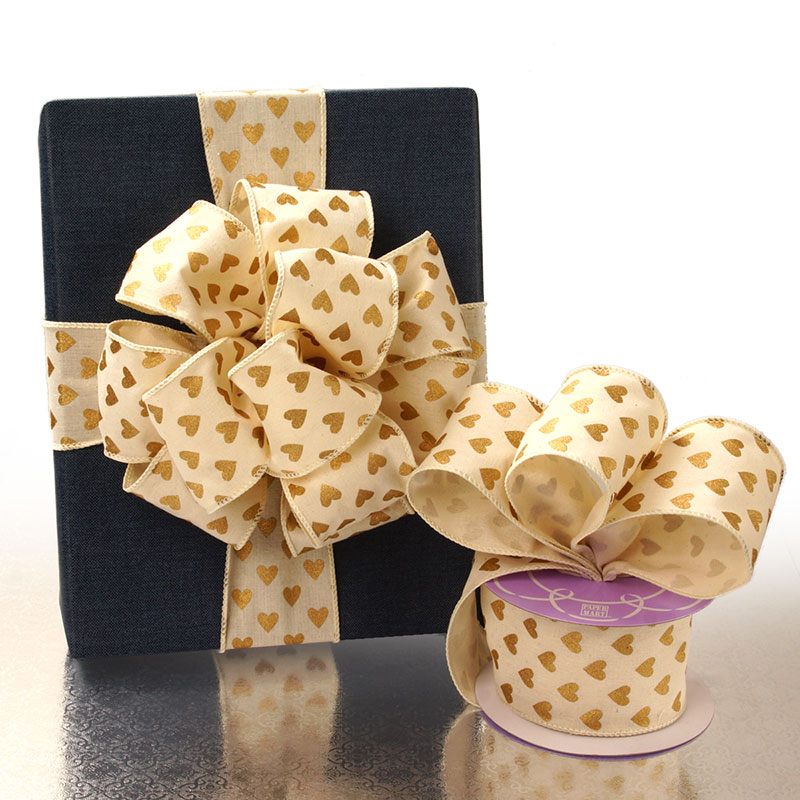 Natural Gold Heart Cotton Wired Ribbon 2 1/2 '' X 10 yd - 1 / ROLL