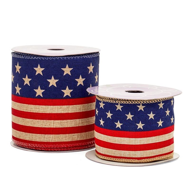American Flag Wired Ribbon 4 '' x 10 yd American Flag on Natural Color 1 / ROLL