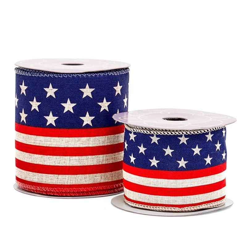 American Flag Wired Ribbon 2 1/2 '' x 10 yd American Flag on White Color 1 / ROLL