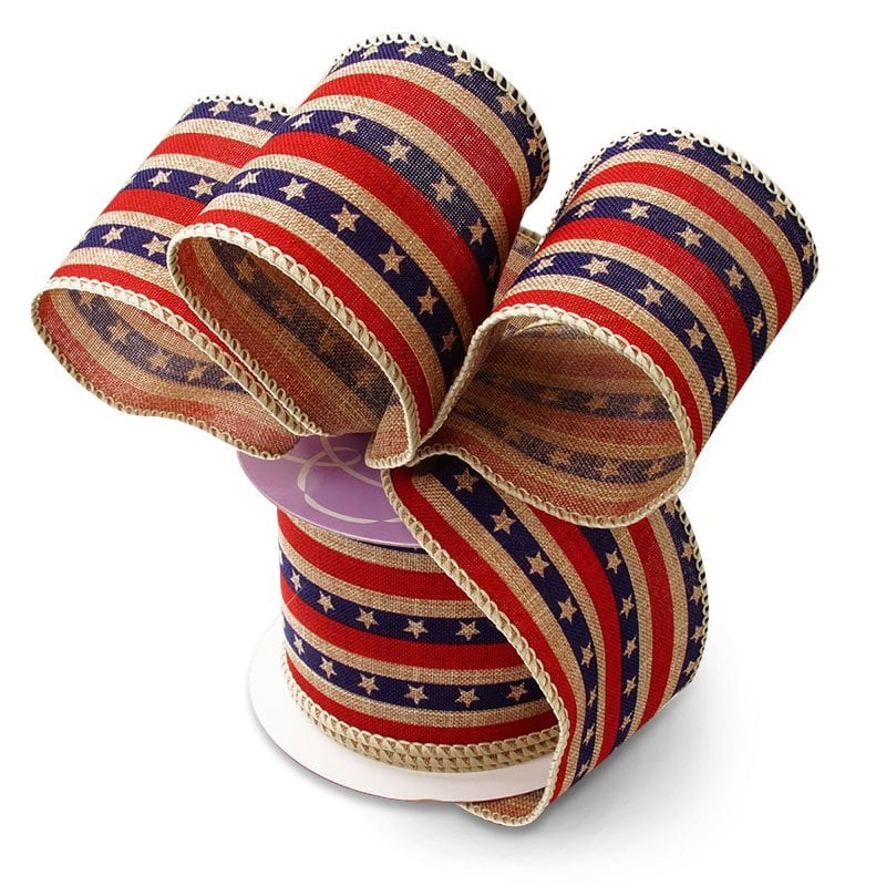 American Star Spangled Ribbon 2 1/2 '' X 10 yd American Star Spangle on Natural Color 1 / ROLL