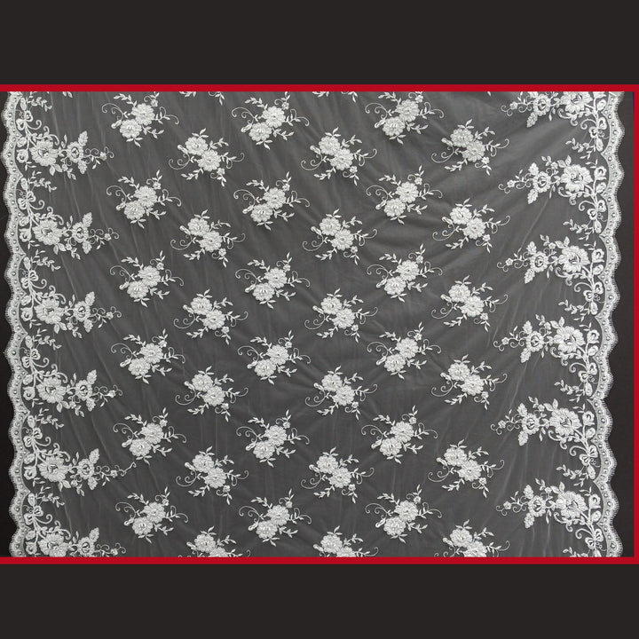 1 Yard Luxury Beaded and Corded Bridal Lace Fabric Embroidered on 100% Polyester Net Mesh White