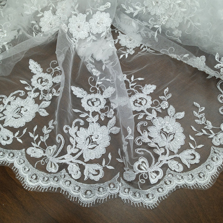 1 Yard Luxury Beaded and Corded Bridal Lace Fabric Embroidered on 100% Polyester Net Mesh White