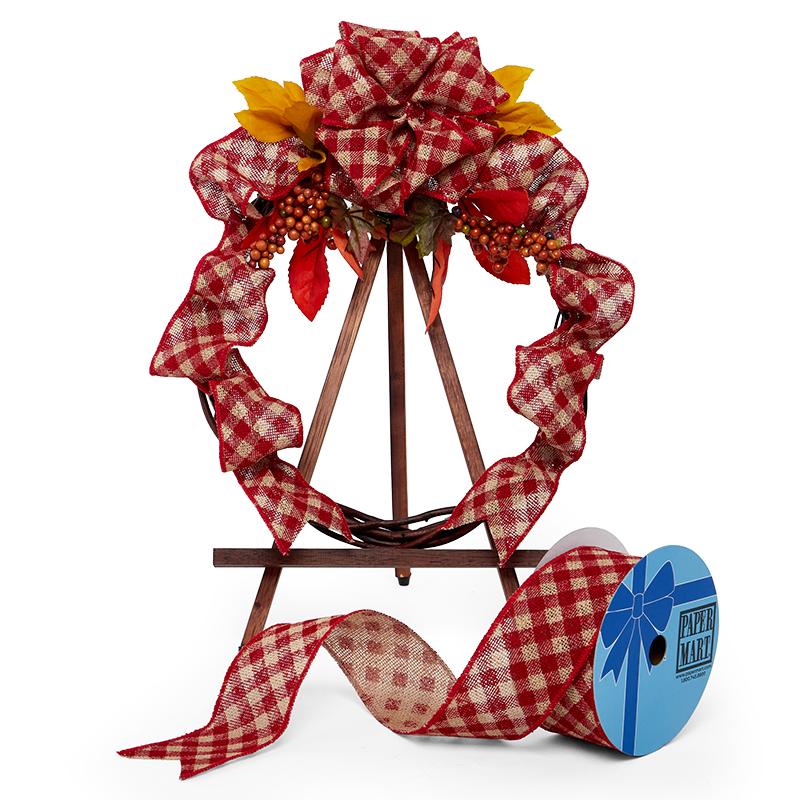 Plaid Print On Faux Burlap Wired Ribbon 2 1/2 '' X 10 yd - 1 / ROLL