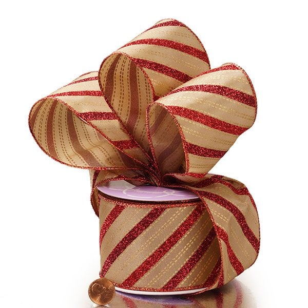 Glitter Christmas Wired Ribbon – Glitter Candy Stripe, 2 1/2" x 10 Yards (1 Roll)