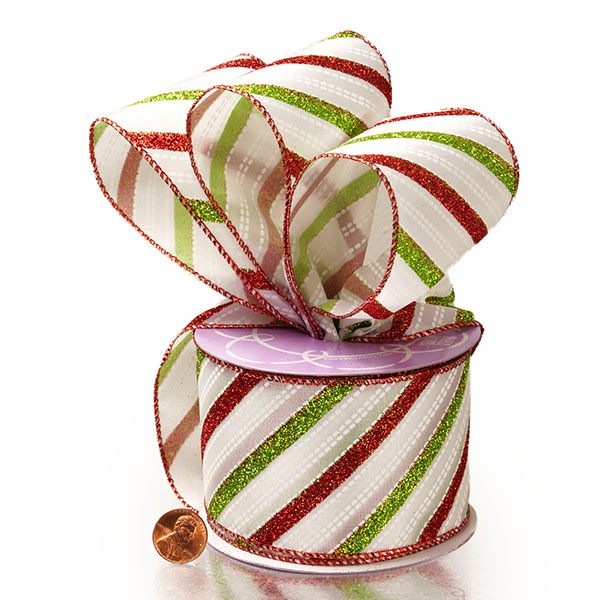 Glitter Christmas Wired Ribbon – Lime/Red Candy Slope, 2 1/2" x 10 Yards (1 Roll)