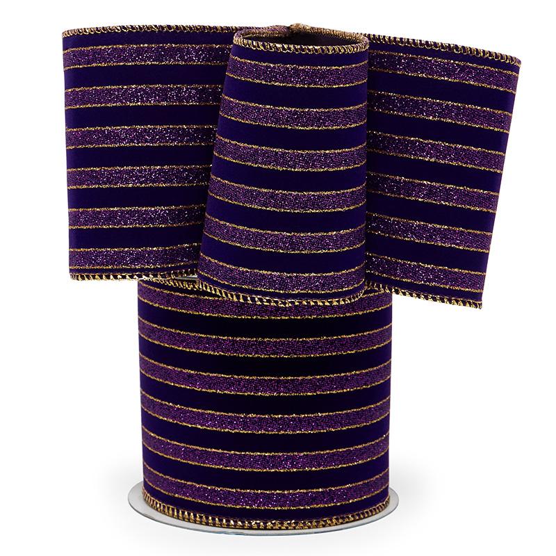 Regal Striped Flocked Velvet Wired Ribbon 4 '' X 10 yd Purple Color 1 / roll