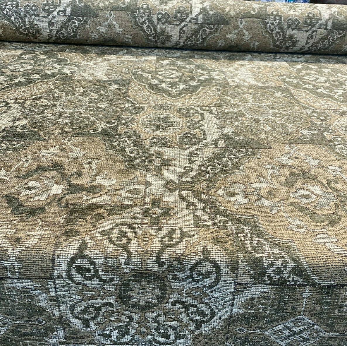 Barrow Chenille Upholstery Fabric - Thyme Green, Antique Green With Beige And Antique Gold Design, 56" Width (1 Yard)