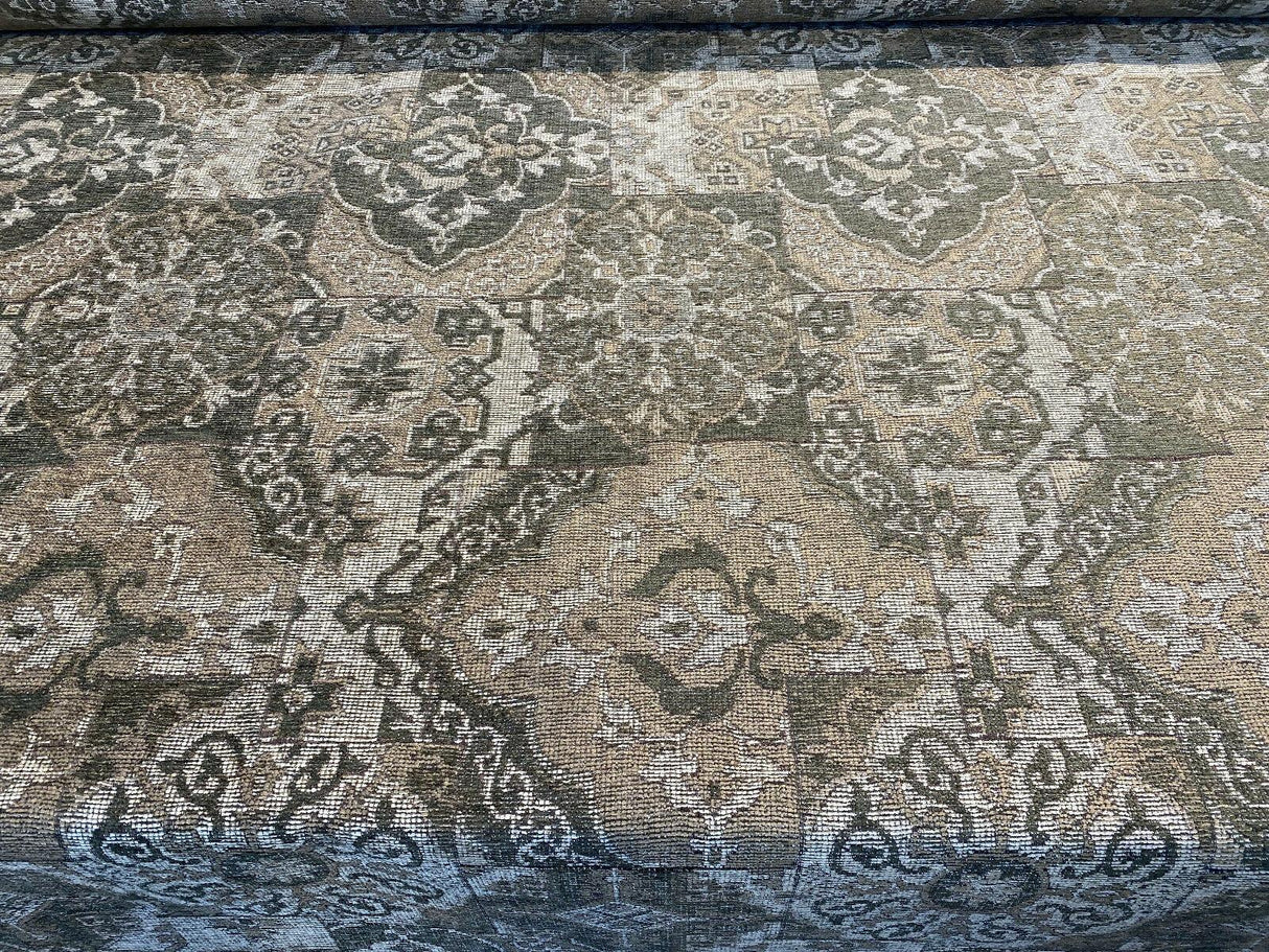 Barrow Chenille Upholstery Fabric - Thyme Green, Antique Green With Beige And Antique Gold Design, 56" Width (1 Yard)