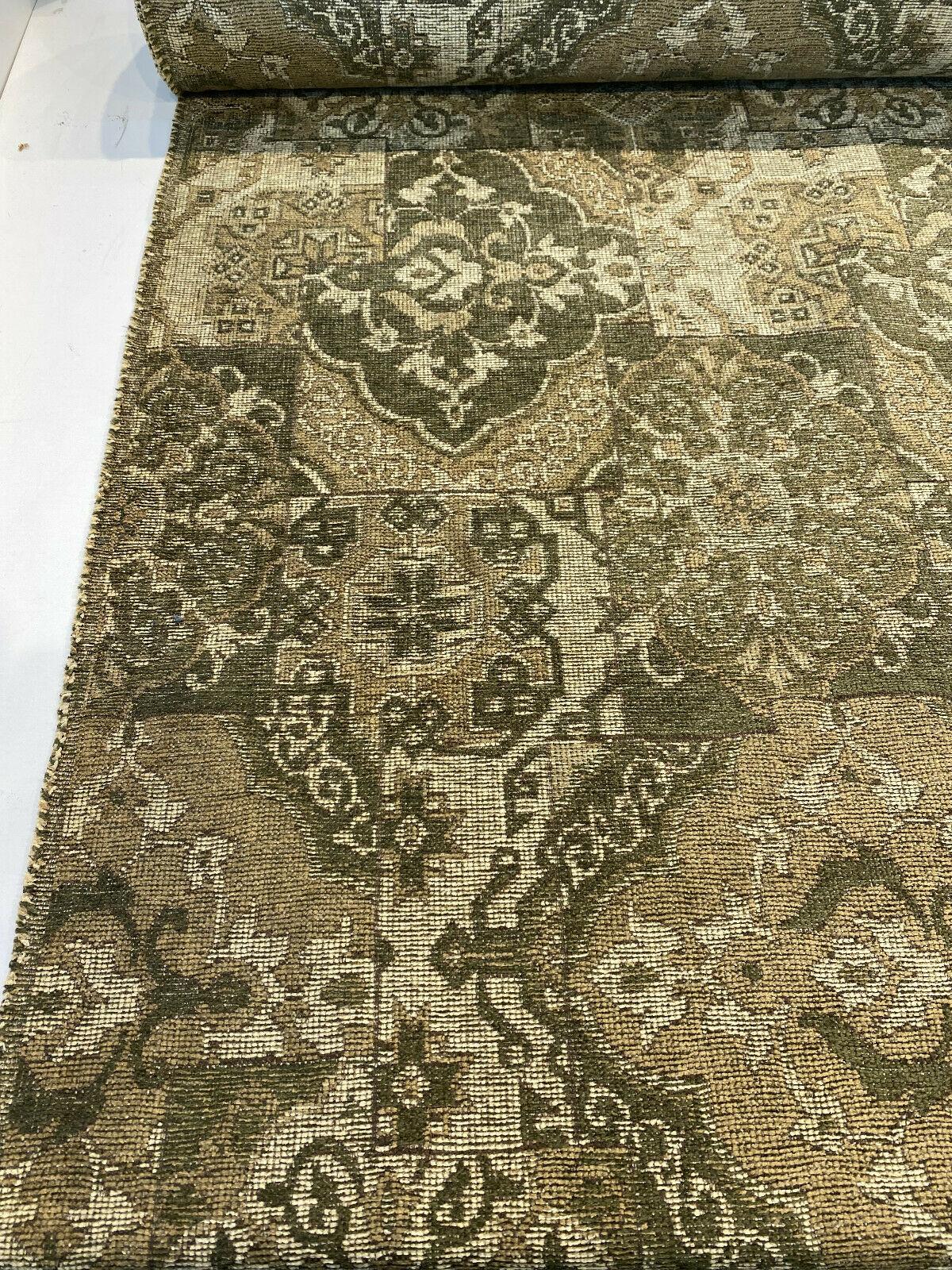 Barrow Chenille Upholstery Fabric - Thyme Green, Antique Green With Beige And Antique Gold Design, 56" Width (1 Yard)