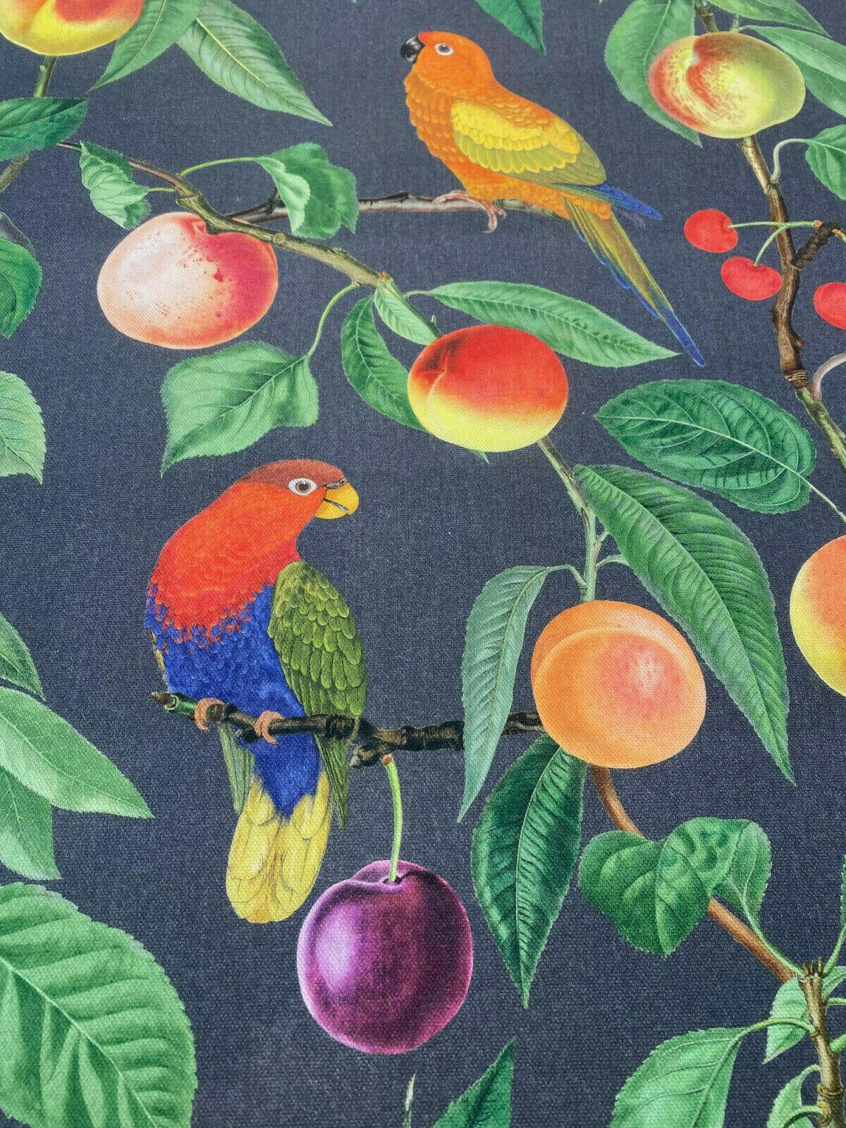 Parrots Macaw Bird Fruits Noir Cotton Fabric - Green Leaves, Blue Red And Orange Birds, 54" Width, 25" Horizontal Repeat, 24" Vertical Repeat (1 Yard)