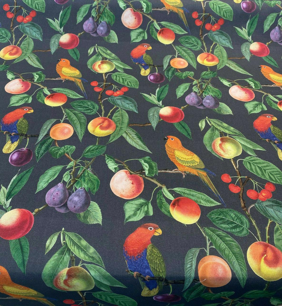 Parrots Macaw Bird Fruits Noir Cotton Fabric - Green Leaves, Blue Red And Orange Birds, 54" Width, 25" Horizontal Repeat, 24" Vertical Repeat (1 Yard)