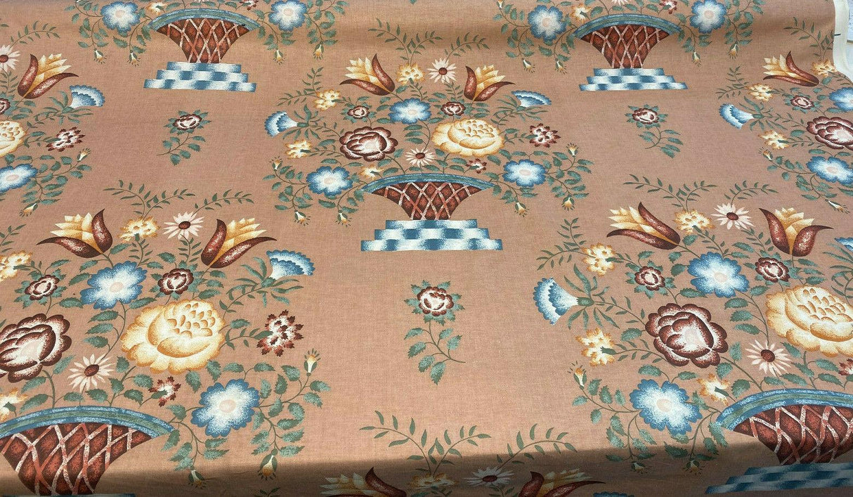 American Folk Art Floral Vingate Cotton Fabric - Pale Pink, Yellow And Blue Floral Print, 56" Width (1 Yard)