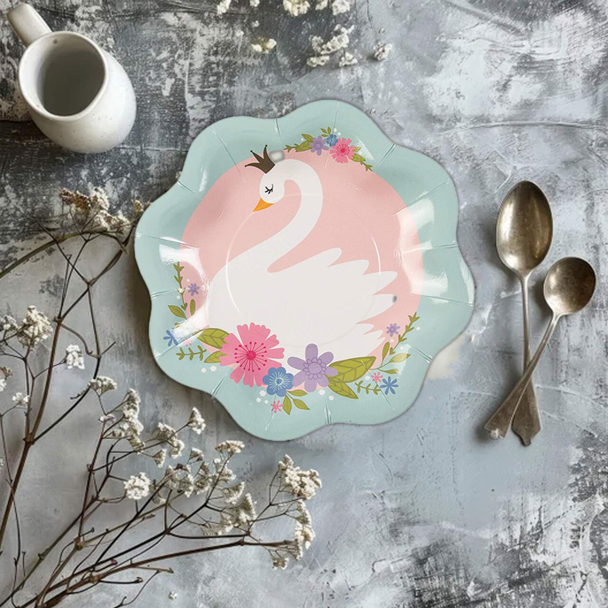 8 Ct. Sweet Swan Scalloped Paper Dessert Plates 8 1/2" Elegant Pastel Party Tableware