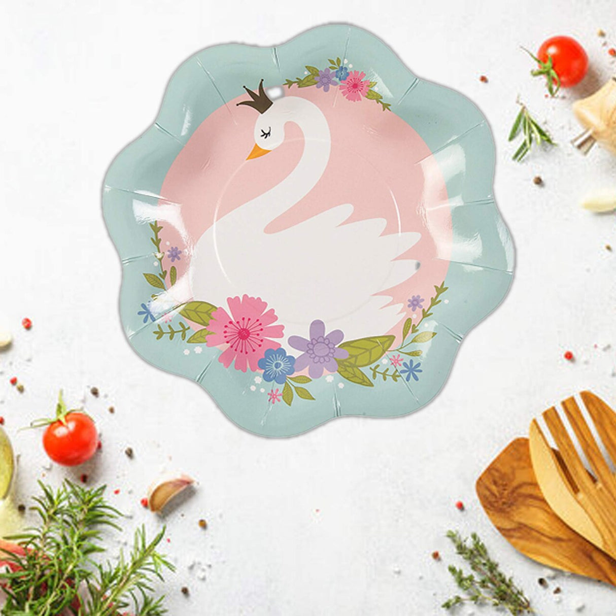 8 Ct. Sweet Swan Scalloped Paper Dessert Plates 8 1/2" Elegant Pastel Party Tableware