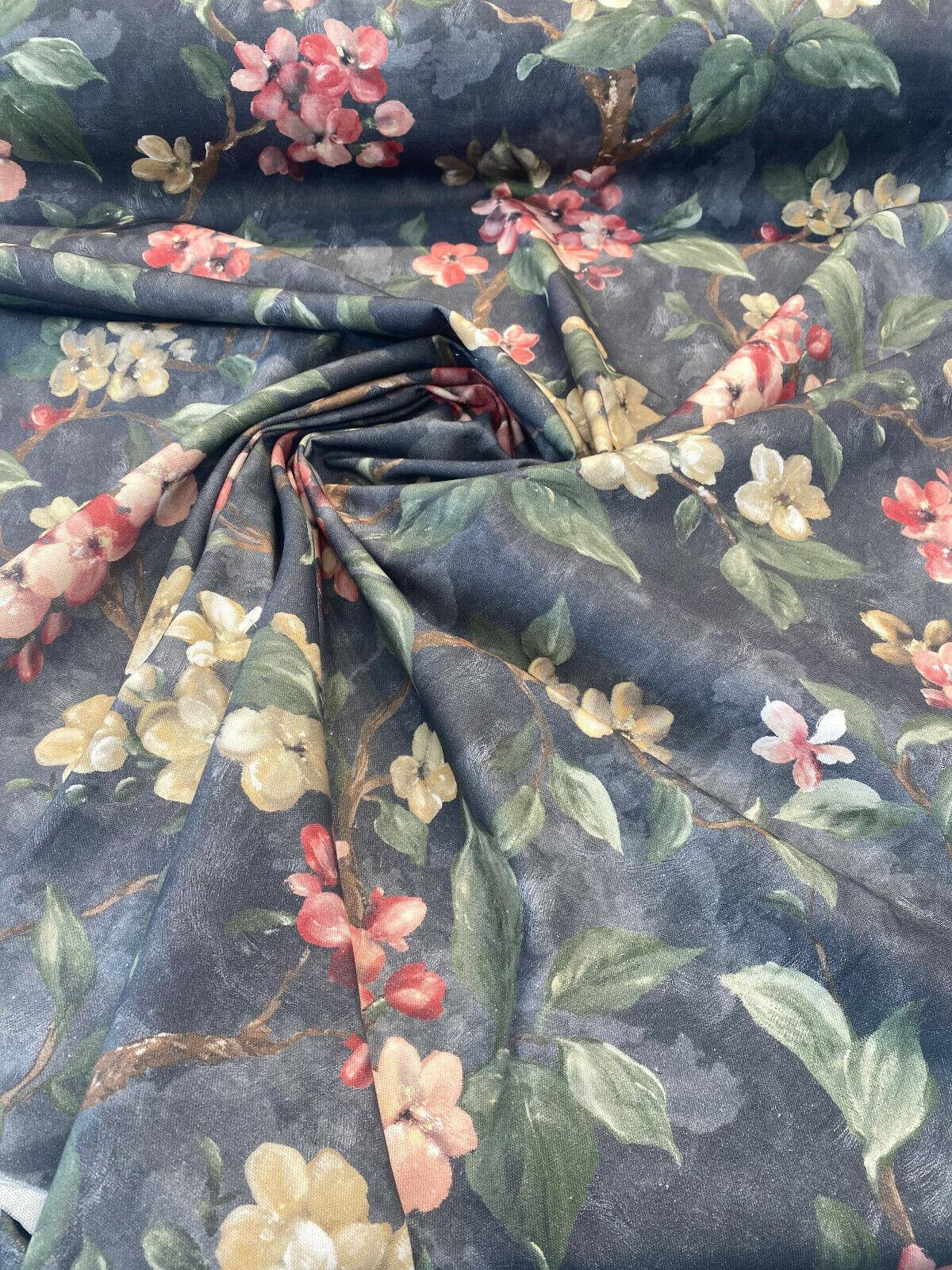 Floral Ada Tint Pink Cotton Canvas Fabric - Noir Black Background, Antique Gold, Tinted Pink Red Flowers, Green Branches, Brown Trees, 54" Width (1 Yard)