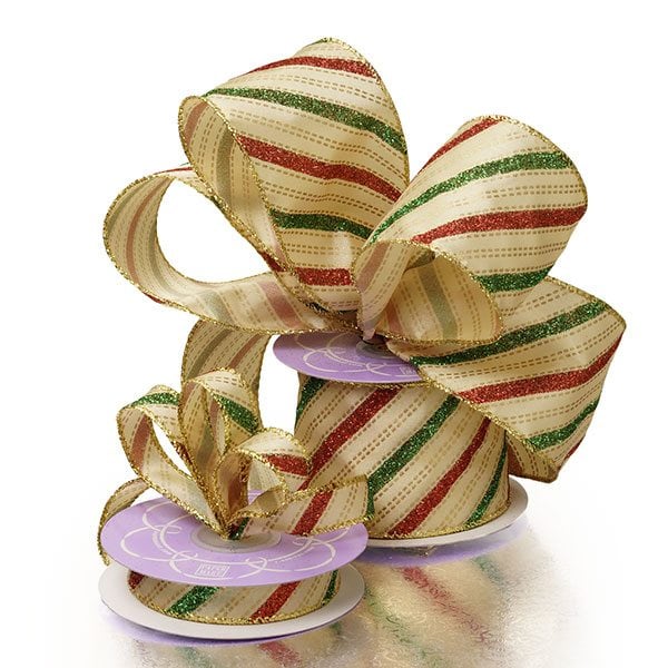 Christmas/Hanukkah Striped Ribbon 2 1/2 '' x 10 yd Red / Green on Gold Color 1 / ROLL