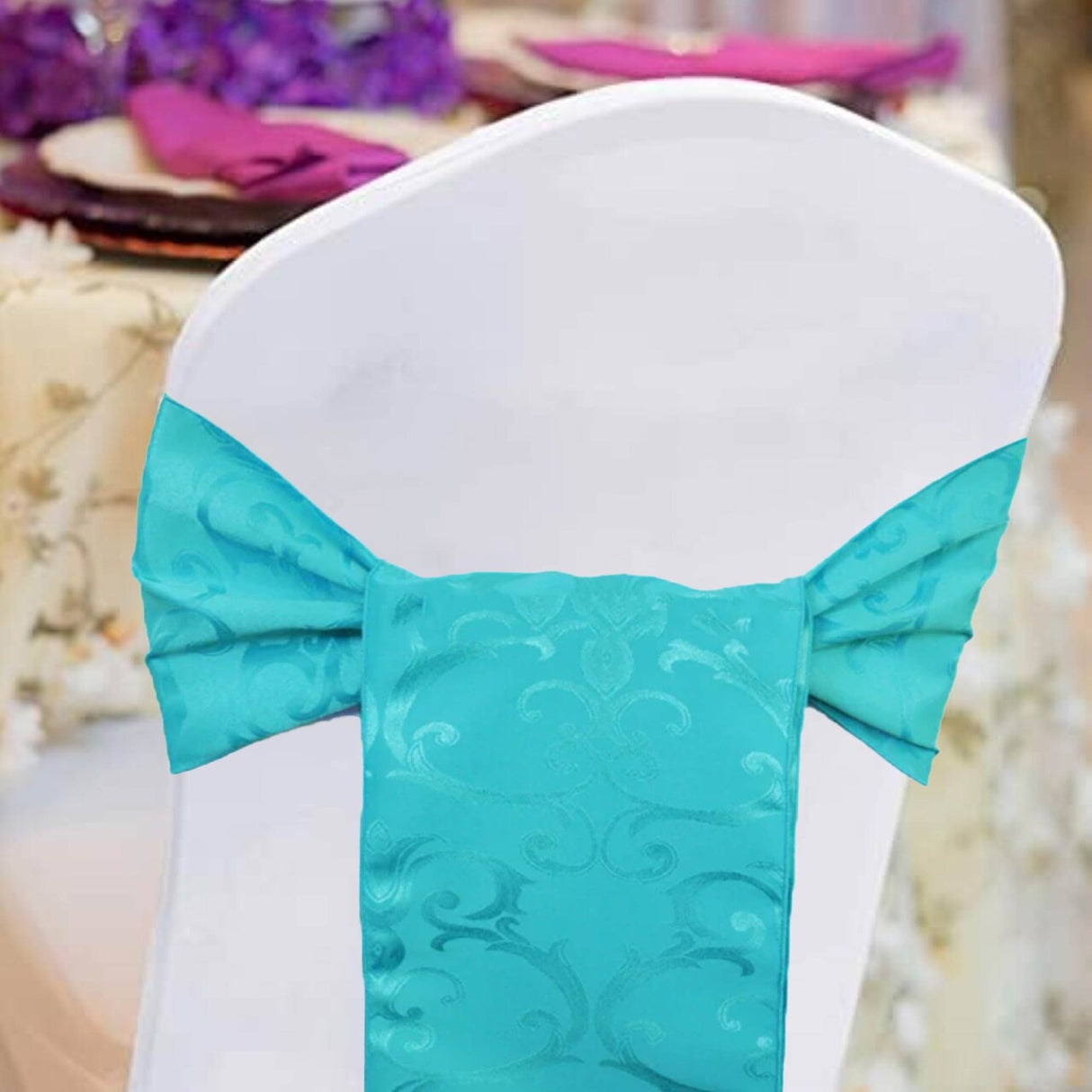 10 Pieces Turquoise Versailles Damask Chair Sashes 7.5"x108" Elegant Jacquard Polyester