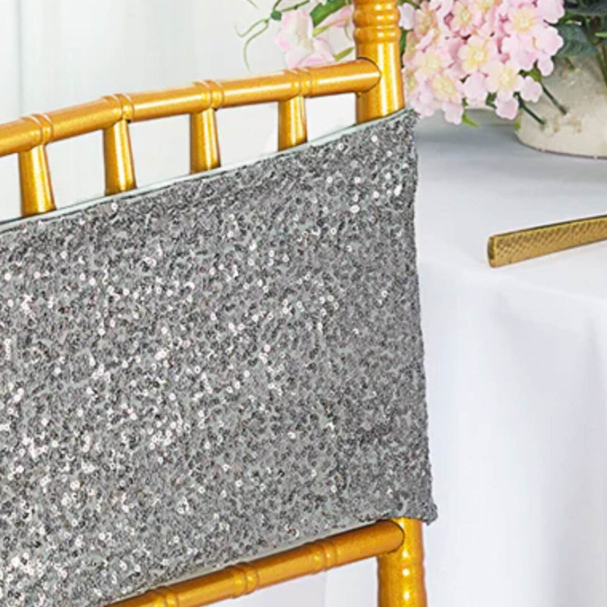 10 Pieces Shimmering Silver Sequin Stretch Spandex Chair Bands 7 x 13 Inches